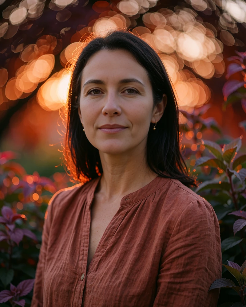 Latina woman in a terracotta blouse smiling warmly on a garden terrace, a verified profile on the LatiMeets free dating site