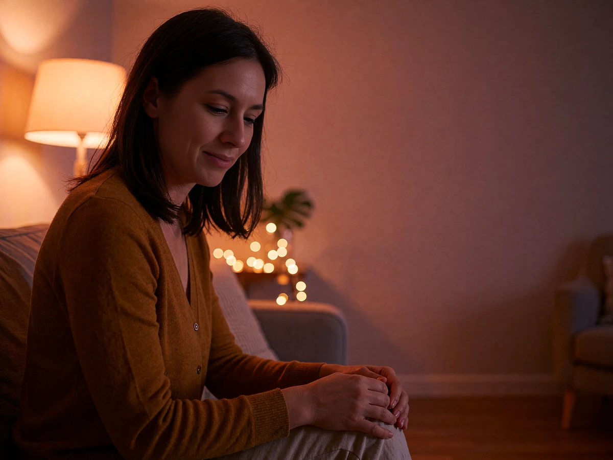 Latina woman in a mustard cardigan relaxing on a couch while browsing Latina dating profiles on her phone in the evening