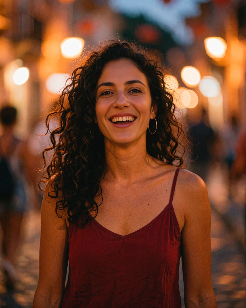 Smiling Latina single with voluminous curly hair at an evening street festival, featured on the LatiMeets latina dating site