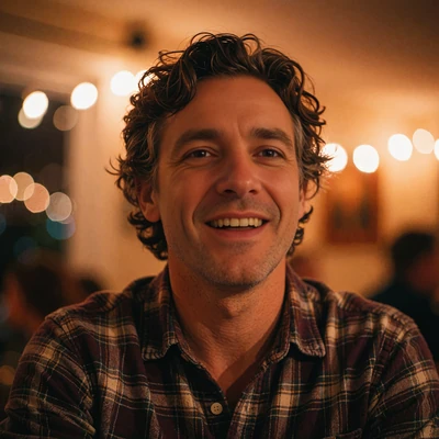 Cheerful man in his early forties in a plaid shirt who met a Latina partner through LatiMeets