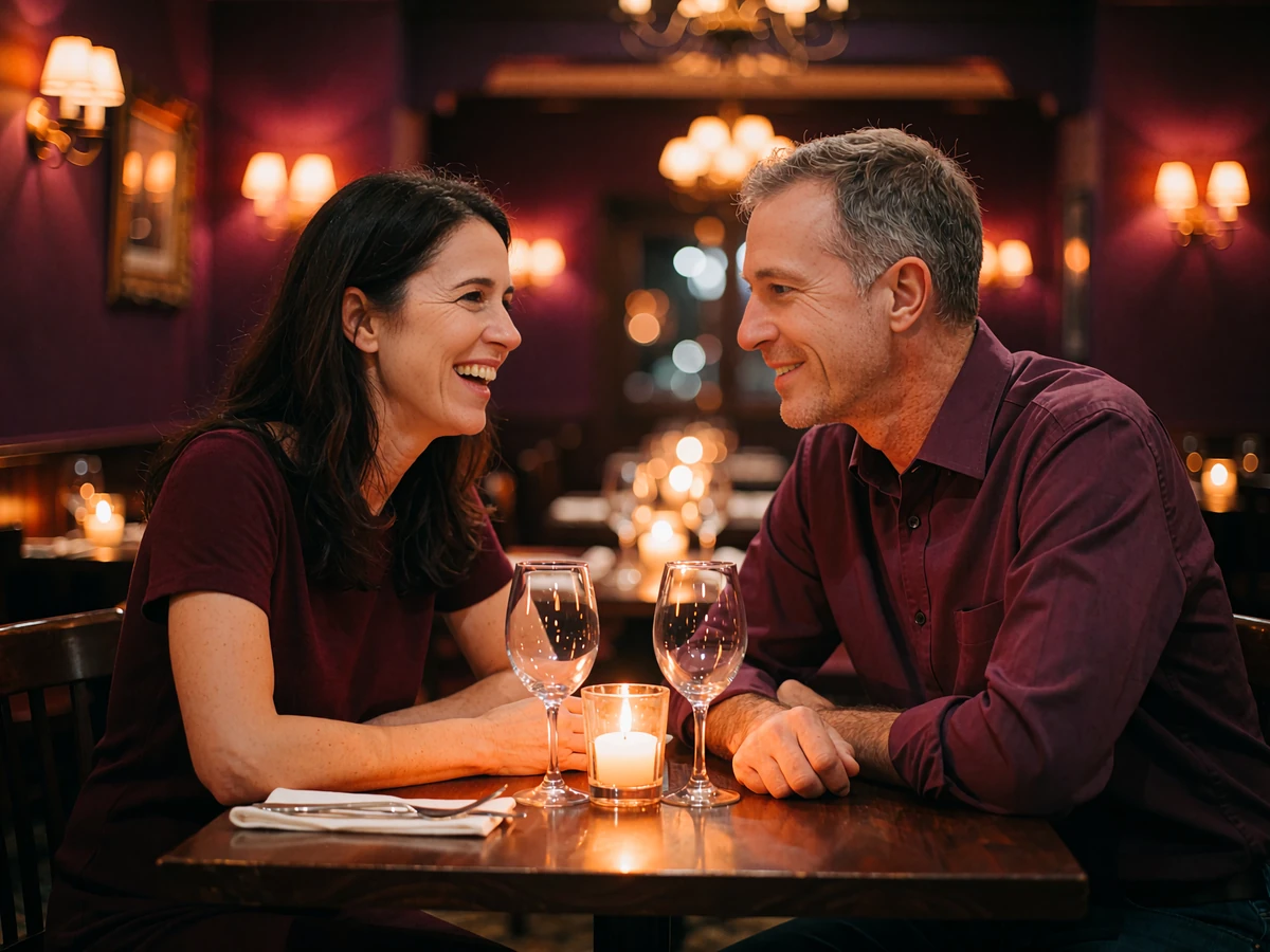 Couple in their forties sharing a laugh over dinner on their first date after meeting through a Latin dating app