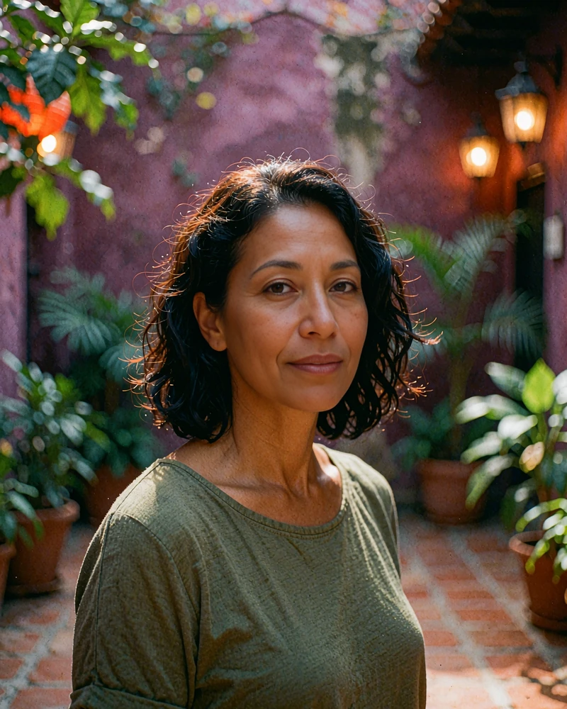 Latina woman with wavy black hair in a shaded tiled courtyard, a verified LatiMeets dating profile picture