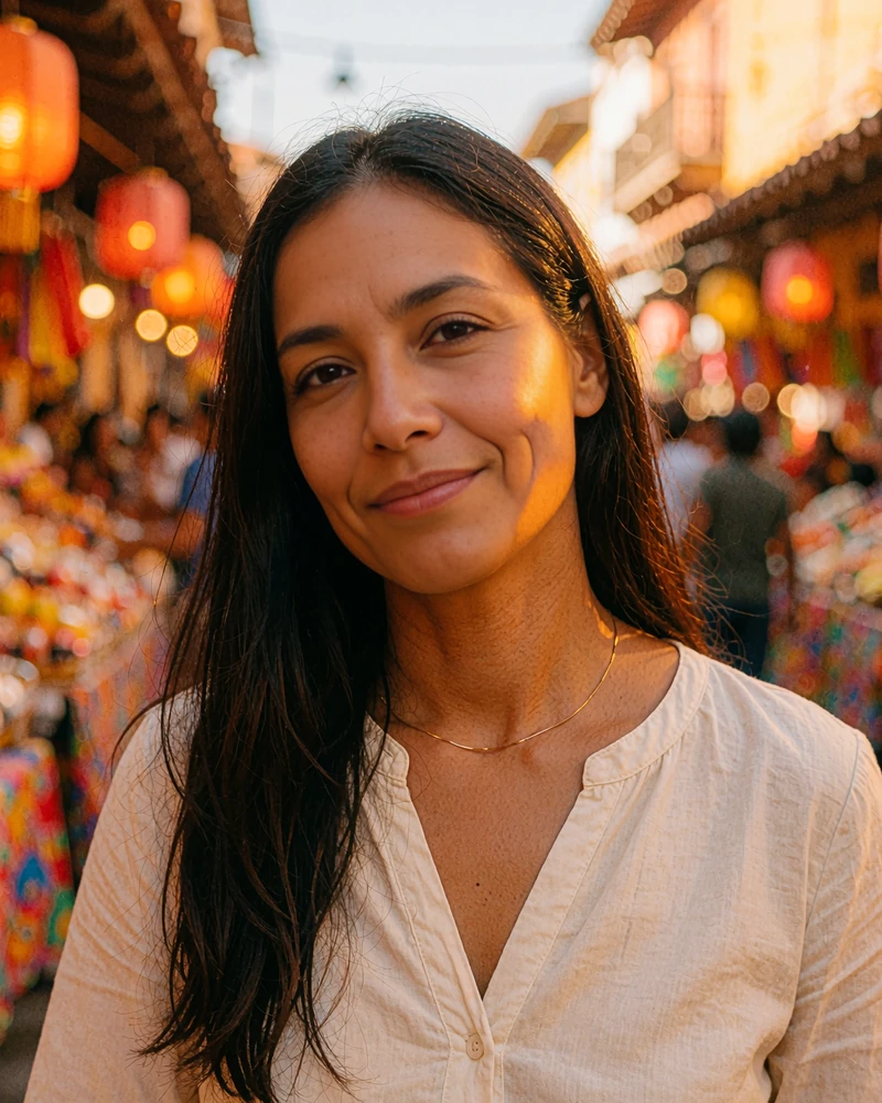 Latina woman with long straight hair standing on a sunlit market street, a profile photo on a free Latin dating app