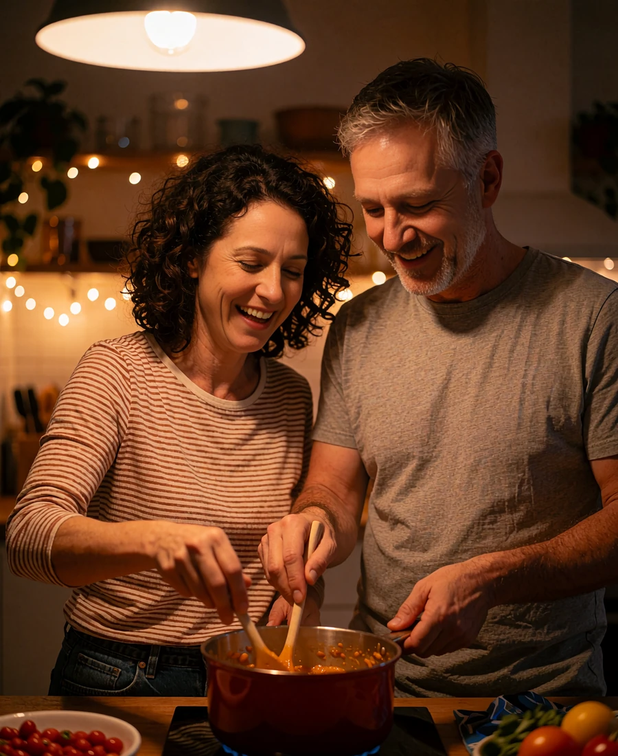 Couple in their late forties laughing while cooking dinner together, a Latina dating app success story on LatiMeets