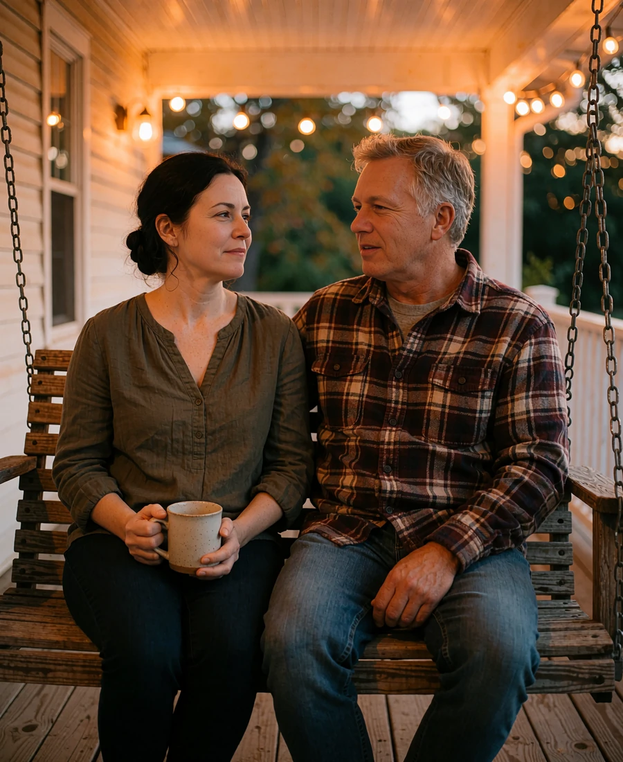 Couple in their fifties sharing coffee on a porch swing, a long-term match from a Latina dating app