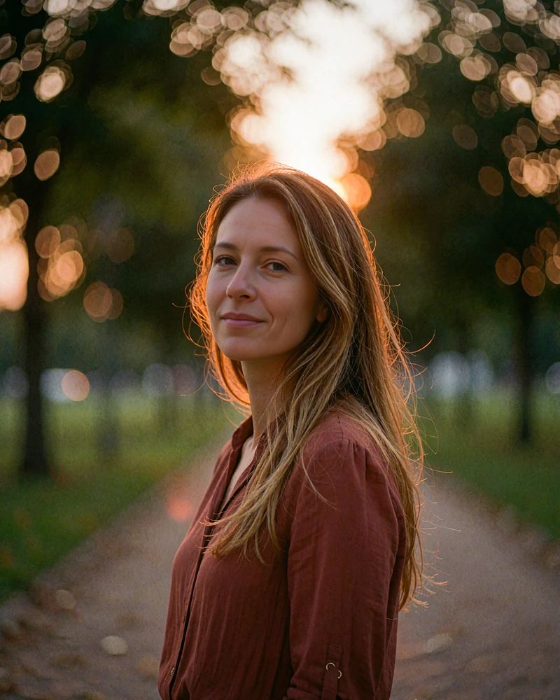 Latina woman with caramel-highlighted hair walking a park path at dusk, a profile photo on free Latin dating sites