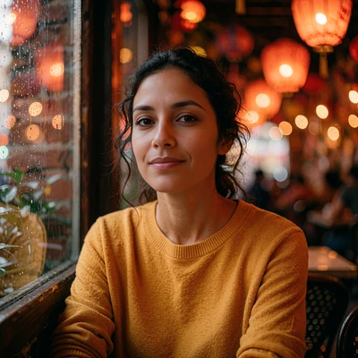 Example LatiMeets chat avatar showing a Latina woman smiling near a cafe window