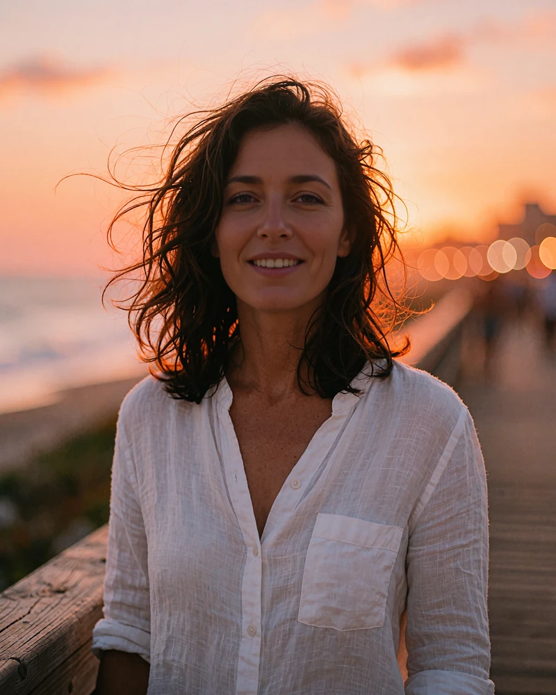 Windswept Latina woman in a white linen shirt walking a sunset beach boardwalk, featured on free Latina dating sites