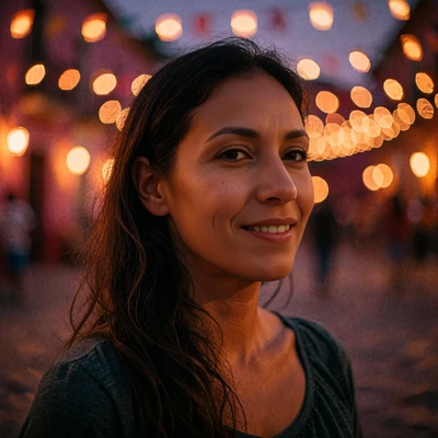 Example LatiMeets chat avatar showing a Latina woman in an evening plaza
