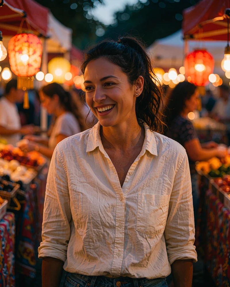 Laughing Latina woman in a cream shirt at an open-air night market, browsing latina dating sites in the evening