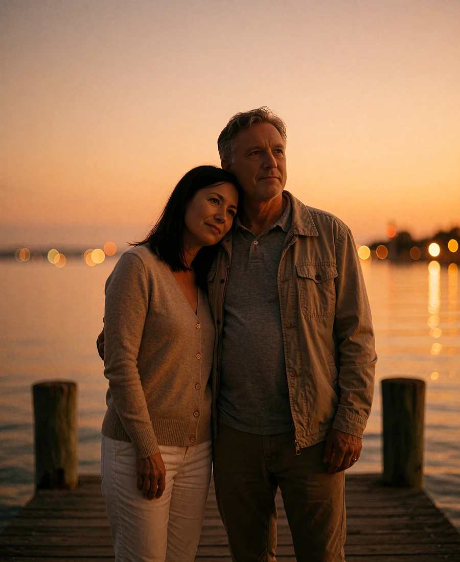 Couple in their fifties embracing on a wooden pier at dusk after meeting through a Latina dating app