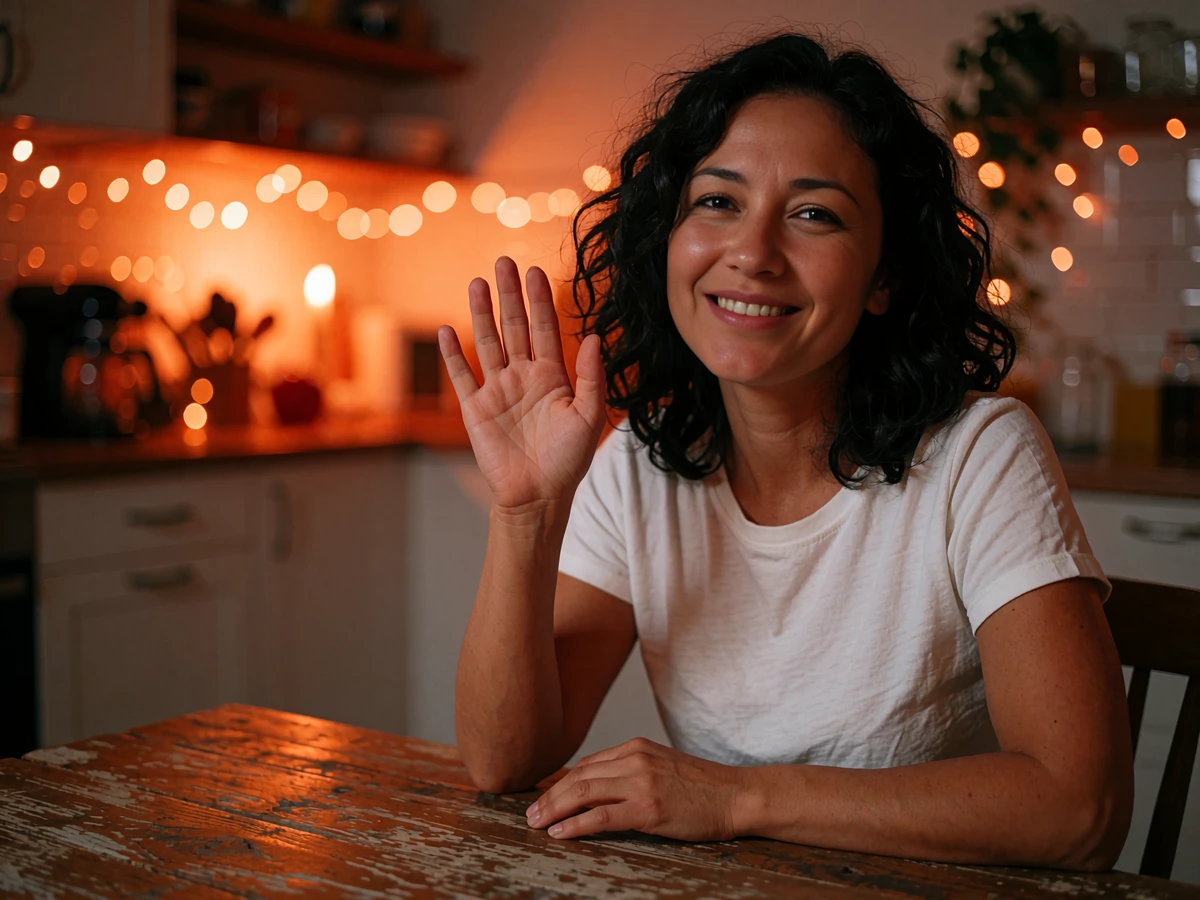 Smiling Latina woman with wavy black hair waving during a warm evening video chat with a new match online