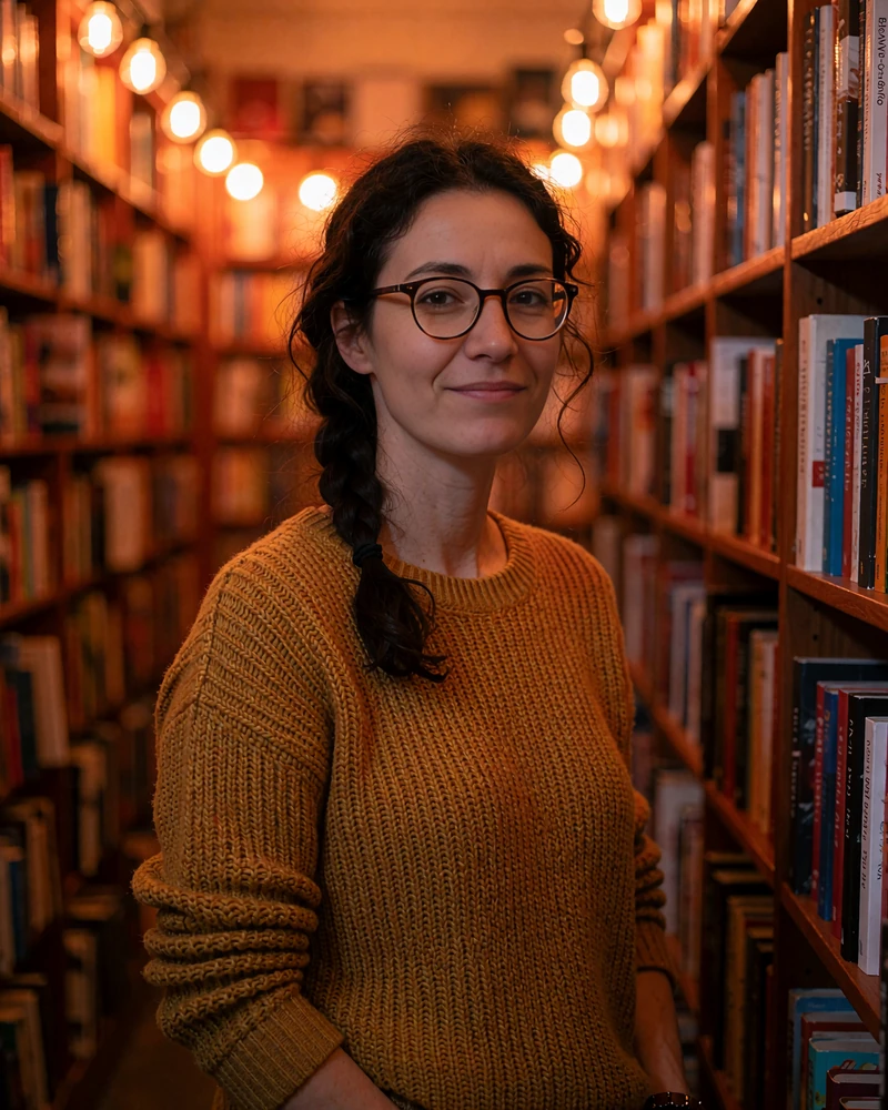 Smiling Latina single with glasses and a braid reading in a cozy bookshop, a free Hispanic dating site profile photo