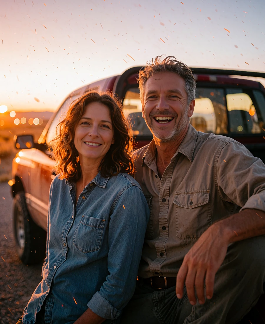 Couple in their forties leaning against a pickup truck at sunset, a success story from dating apps for Hispanic singles