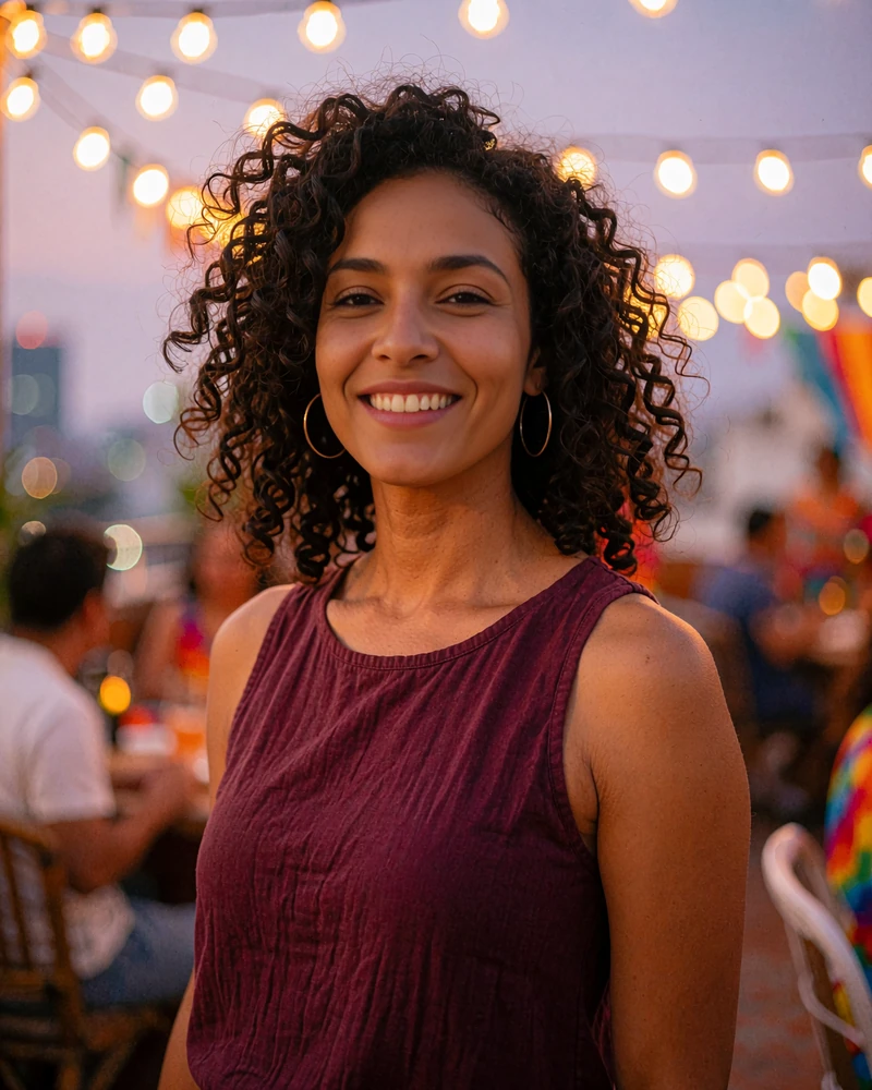 Smiling Latina woman with voluminous curly hair on a rooftop terrace at dusk, a LatiMeets member profile photo