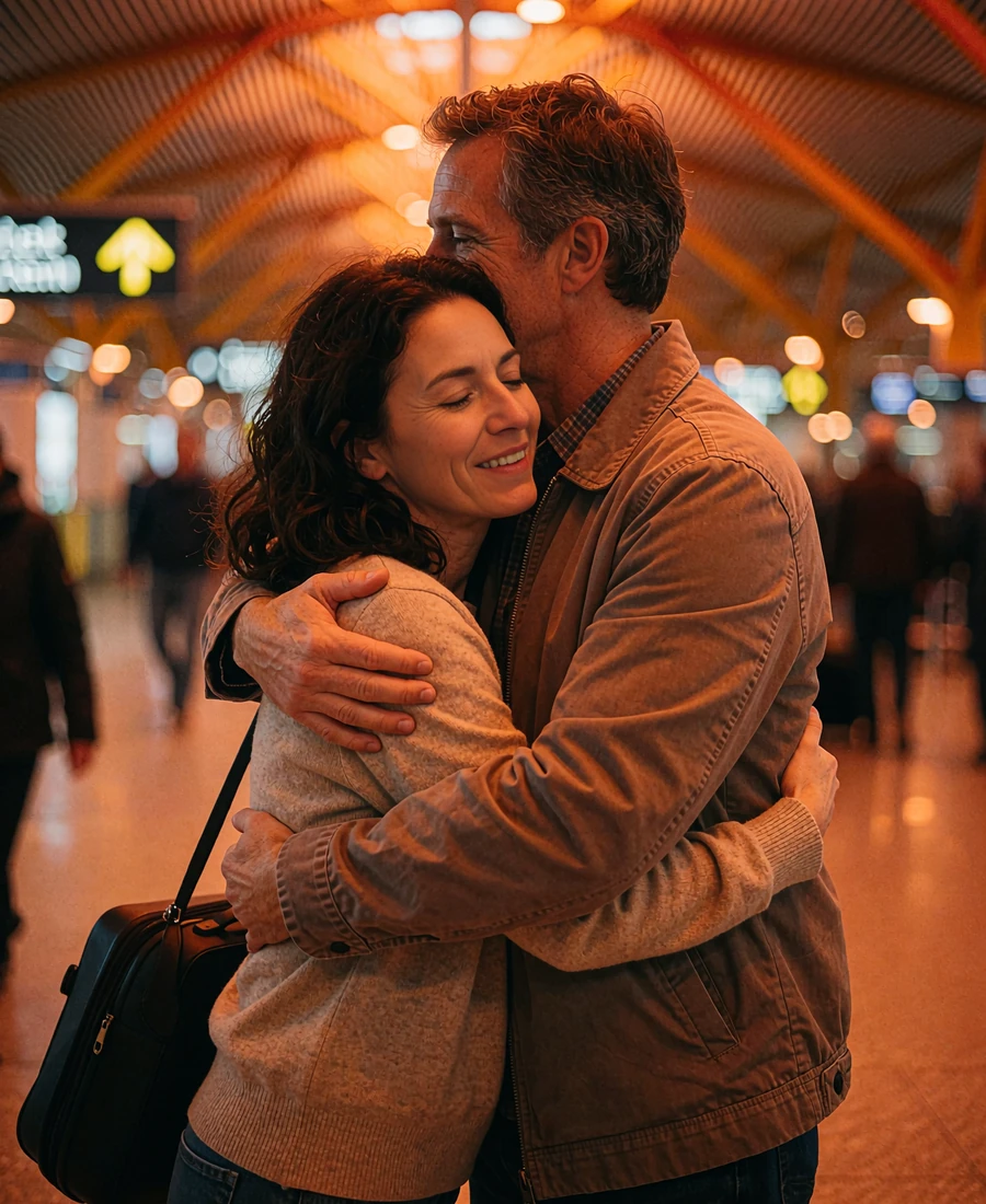 Couple in their late thirties embracing at an airport arrivals hall after meeting on a Latina dating app