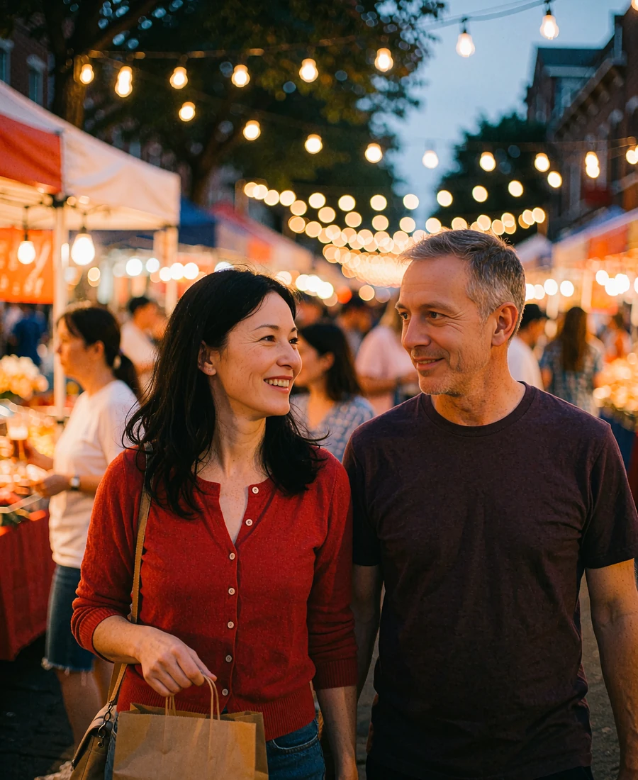 Couple in their forties walking hand in hand through an evening street market after matching on a dating app